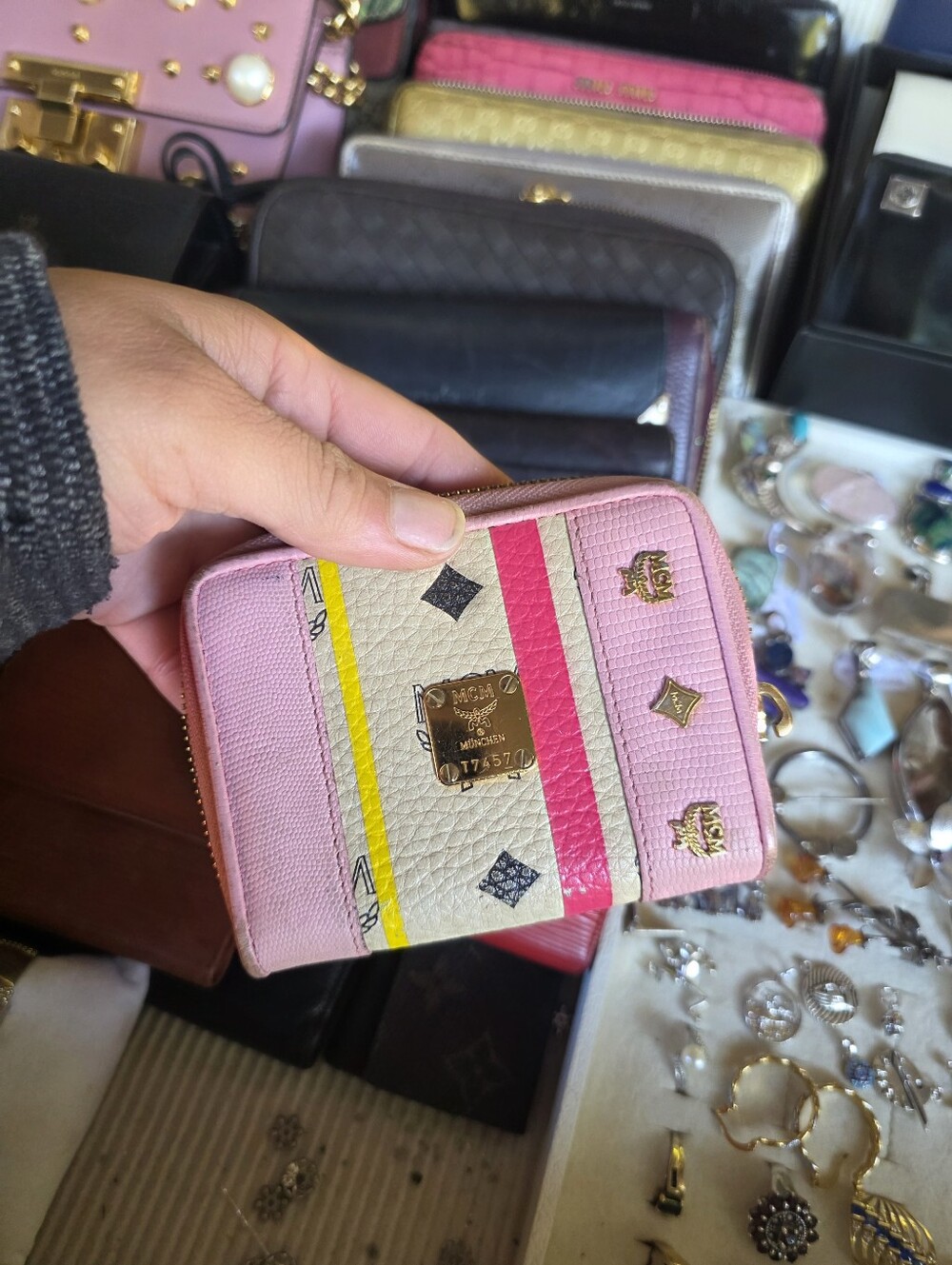 MCM Pink, Cream and Yellow Zip-Around Compact Wallet